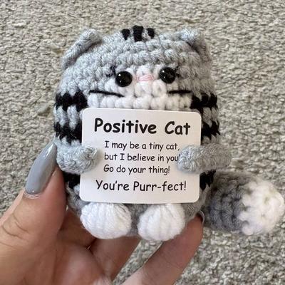 Handmade Crochet Positive Cat Doll Knitted Emotional Support Animal Desk Decor Ornament with Card Funny Christmas Birthday Gifts