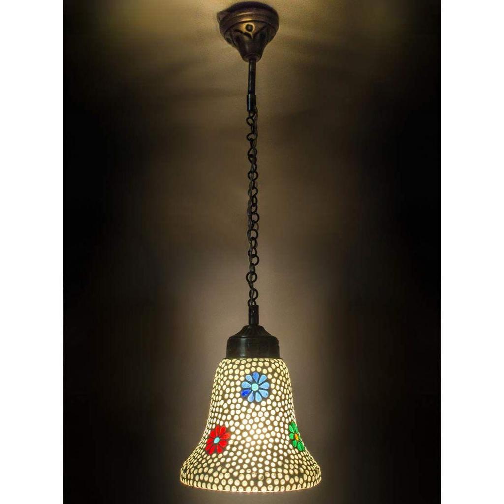 White Floral Glass Bell Ceiling/Hanging Mosaic Lamp 14cm