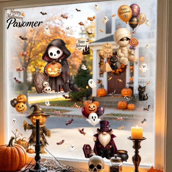 Halloween Window Clings 4Pcs Cartoon Clings, Pumpkin Ghost Scarecrow Stickers, Waterproof Murals Removable Decals for Home Storefront Doors