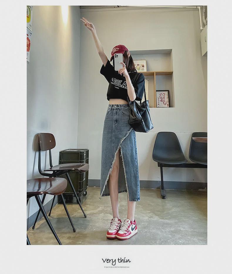 High Waist Irregular Slit Denim Skirt - Women's Black/Gray A-Line Hip Skirt with Raw Edges