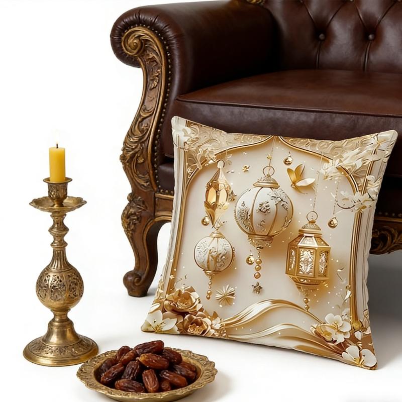 Soft Short Plush Cushion Cover Gold Moon Ethnic Festival Print 45x45cm Standard Size for Home Decoration