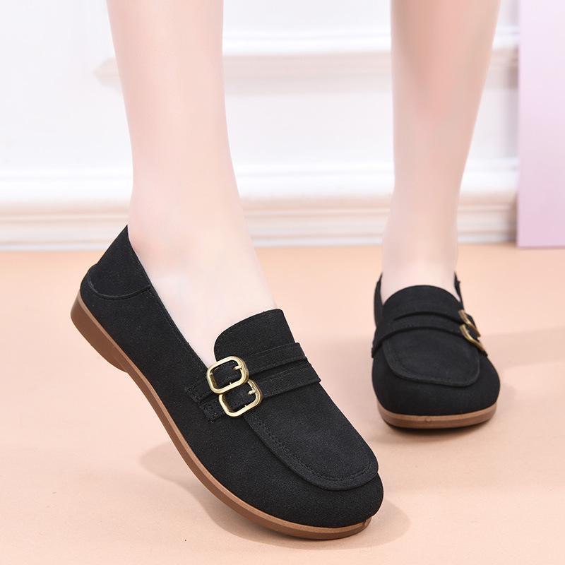 

2025 spring and autumn new British style single shoes women s casual belt buckle one pedal shallow mouth flat bottom Doudou shoes women 36