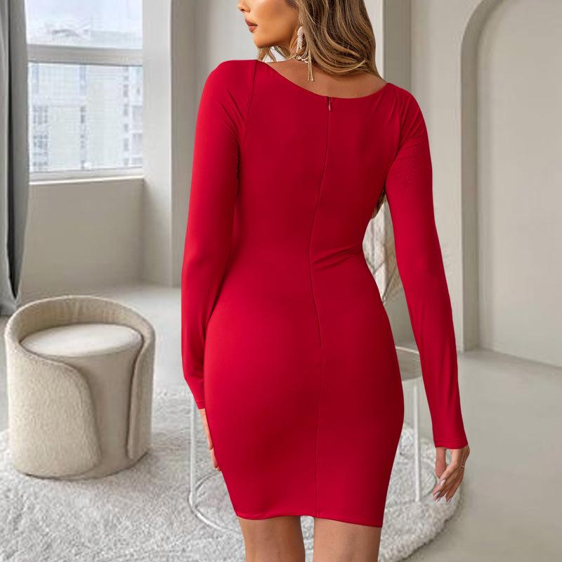 Temperament Elegant V-neck Dress New Elastic Slim Fit Long Sleeve Red Retro Short Skirt Women
