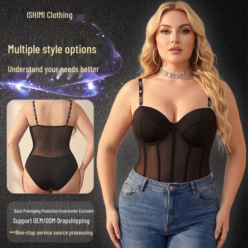 Plus Size Mesh Body Shaper Bodysuit with Cups & Fishbone Waist Cincher - Adjustable Straps, European American Style.