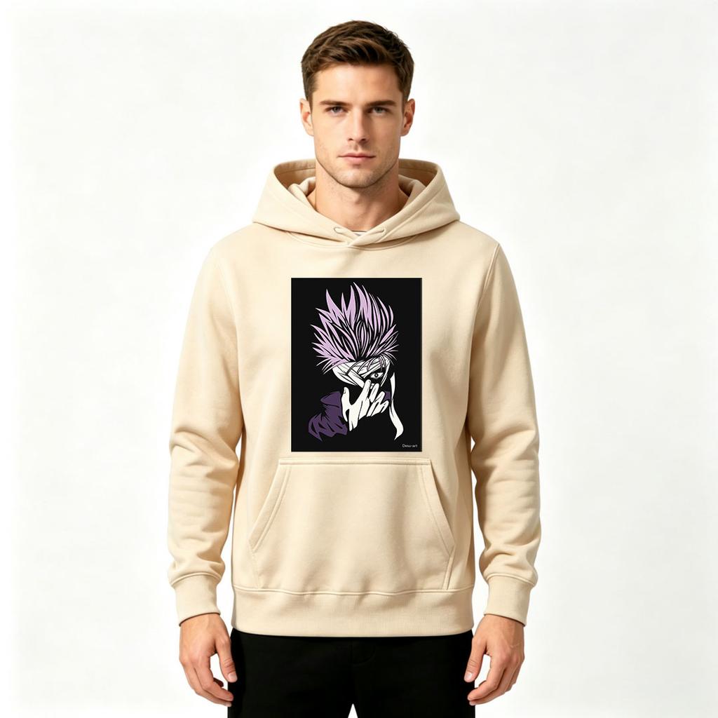 Men Anime Spiky Purple Hair Character Print Pullover Hoodie Casual Long Sleeve Streetwear Sweatshirt