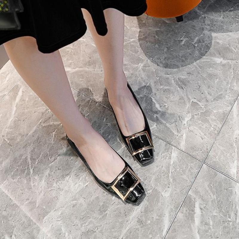 Fashion 2025 French Square Buckle Shallow Mouth Classic Flat Shoes Square Toe Patent Leather Temperament Women's Single Shoes New Style