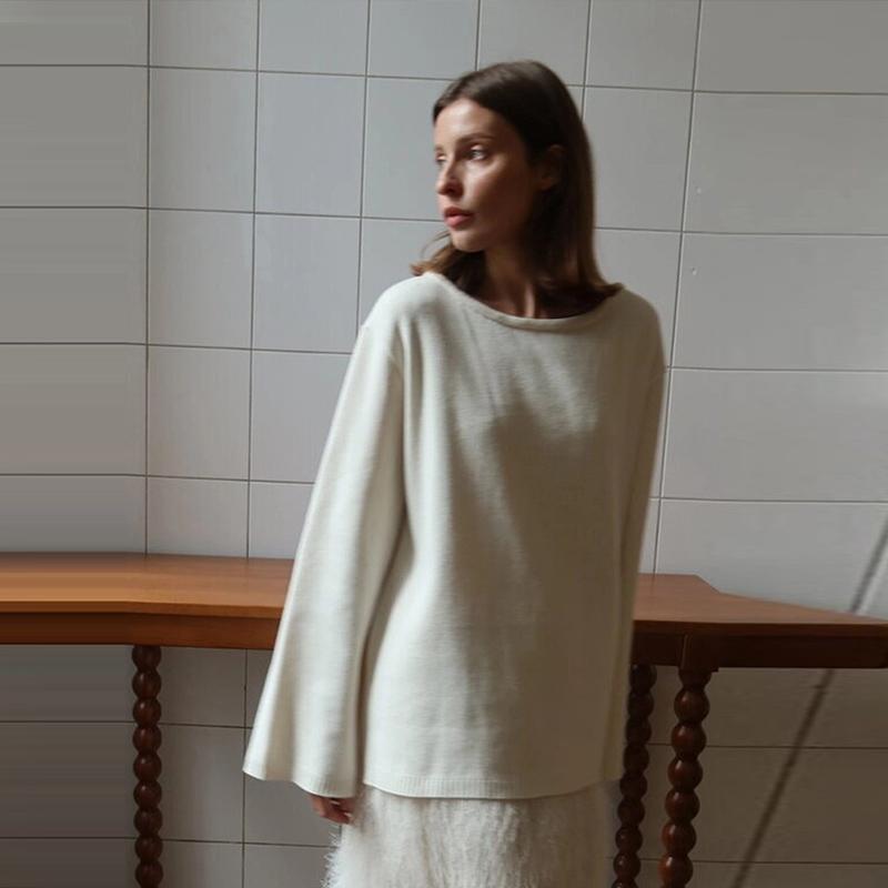 Cotton Pullover Overzie Sweater Women's Sexy Backless Loose Knit Sweater Round Neck Flared Sleeve Solid Color Pull Jumper Autumn/Winter 2025