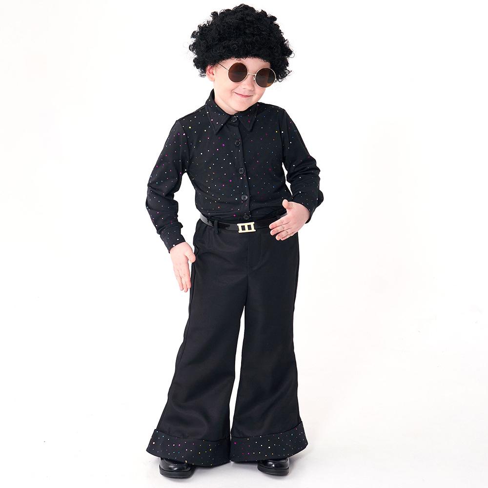 Kids Boys Retro 70s Disco Sequins Singer Model Show Top Pants Wig Set Children Halloween Cosplay Costumes Role Play Outfit