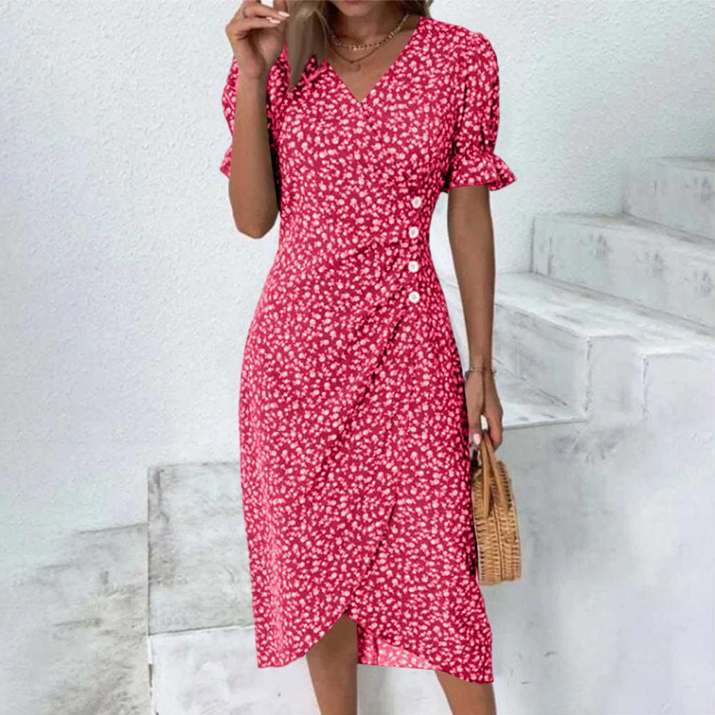 Women's Summer Casual Dress V Neck A-line Boho Ditsy Floral Flounce Sleeve Wrap Hem Dress
