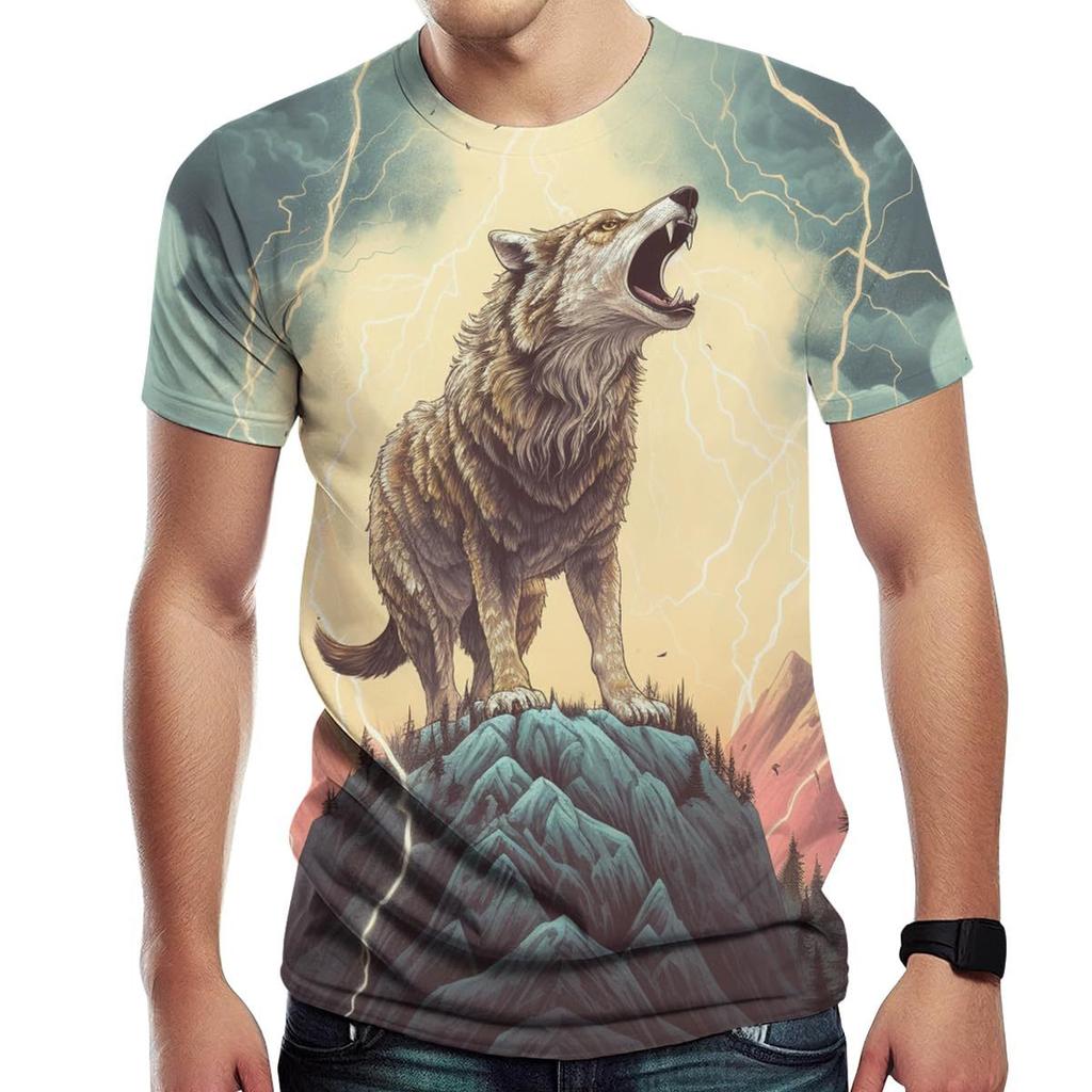 Summer Round Neck 3D Wolf Pattern Print Top Fashionable Casual Short Sleeved Men's T-shirts