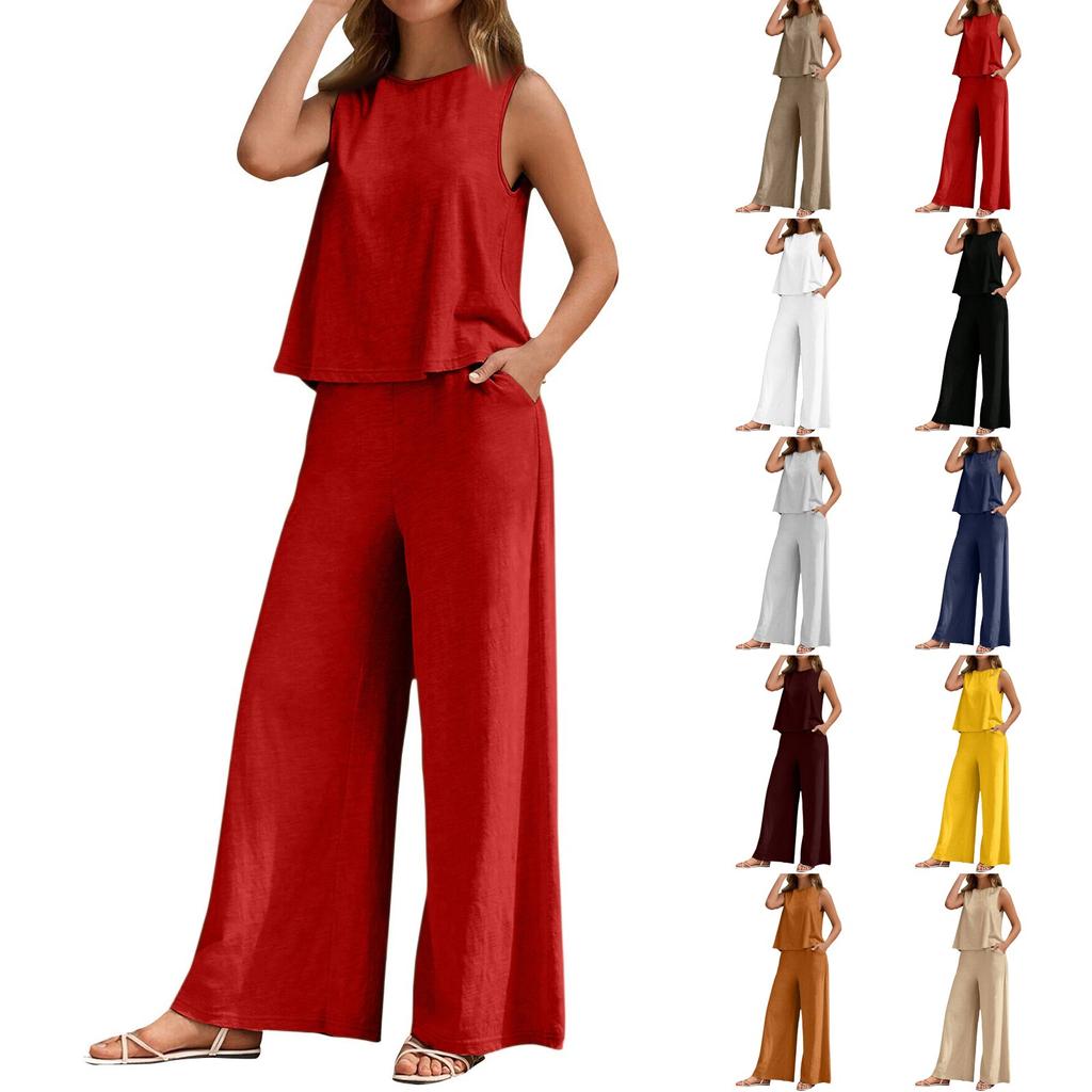 Fashion Ladies Solid Color Elegant Two Piece Round Neck Vest And Wide Leg Pants Suit Women's Clothing