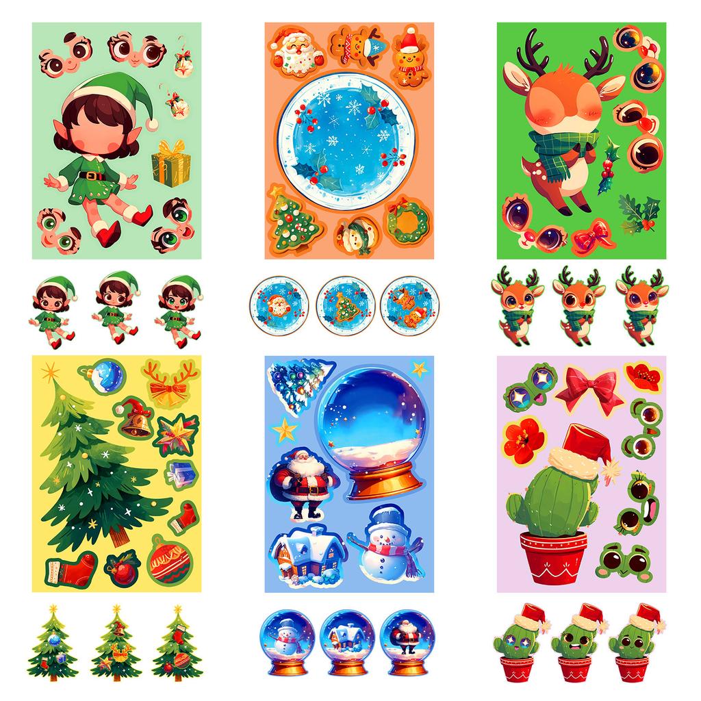 6 Photos/package Christmas Creative DIY Puzzle Face Swap Stickers Elk Crystal Ball Elf Game Guka Collage