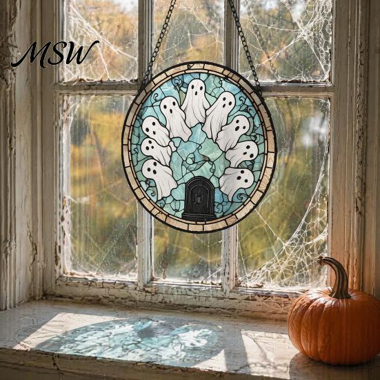 Sunproof Courtyard Decorations Halloween Stained Glass Suncatcher Ornament, Vintage Hanging Window Decor with Pumpkin Ghost Bat Witch Retro Dark Style