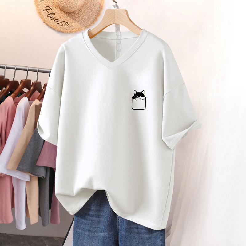 

Футболка з коротким рукавом, Вільного крою, Приталена футболка з V-подібним вирізом з принтом для жінок S білий