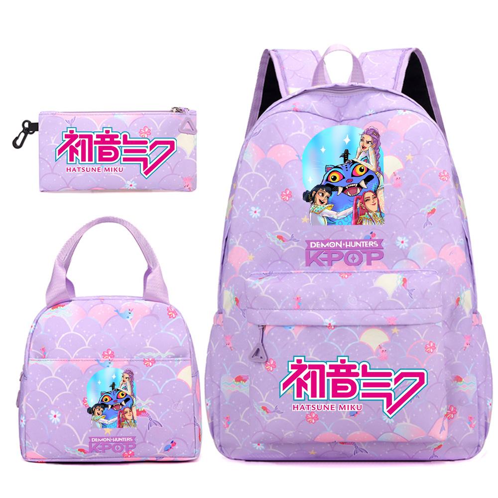 3Pcs/set Anime Cartoon Demon Hunters Printed Backpack Handbag Pencil Case for Teenger Student Girl Boy Large Capacity Waterproof Bookbag