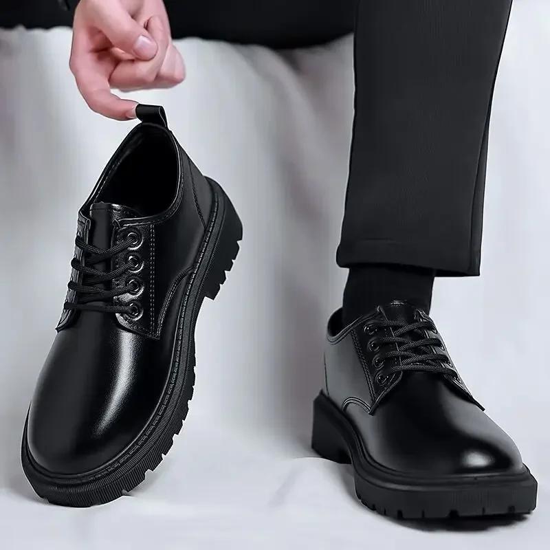 Men's Shoes Black Fashion Business Leather Shoe Platform Oxfords Anti-slip Thick  Male Derby Shoe Loafers