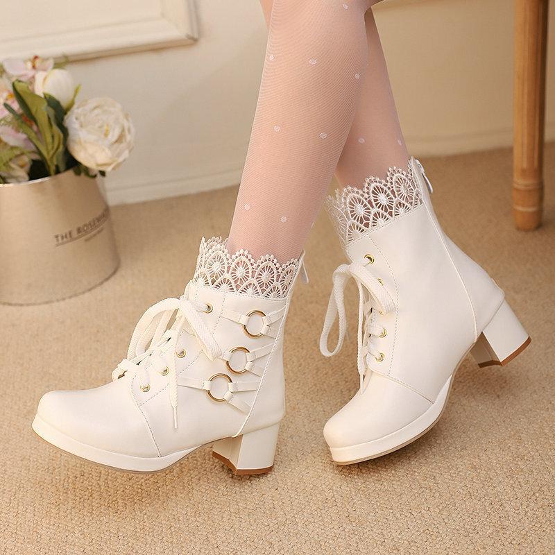 Short Boots Lace Belt Buckle Hollowed Out LO Lolita Shoes Student Dress Short Boots and Ankle Boots