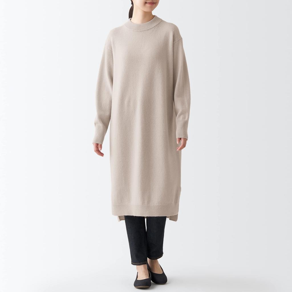 MUJI Women's Mid-Gauge Wool Mock Neck Dress, Sand Beige, Size M (BAJ11A2A)