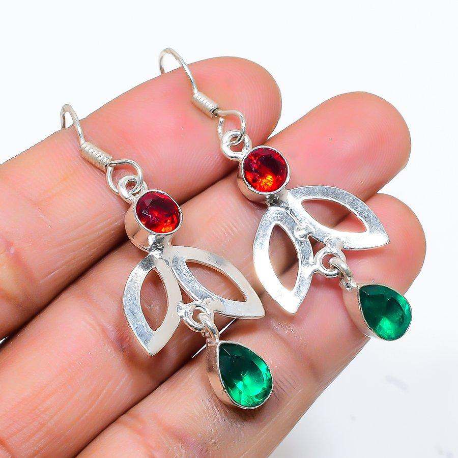 Peridot, Garnet Gemstone Handmade 925 Sterling Silver Jewelry Earring 2.13" SU-7646