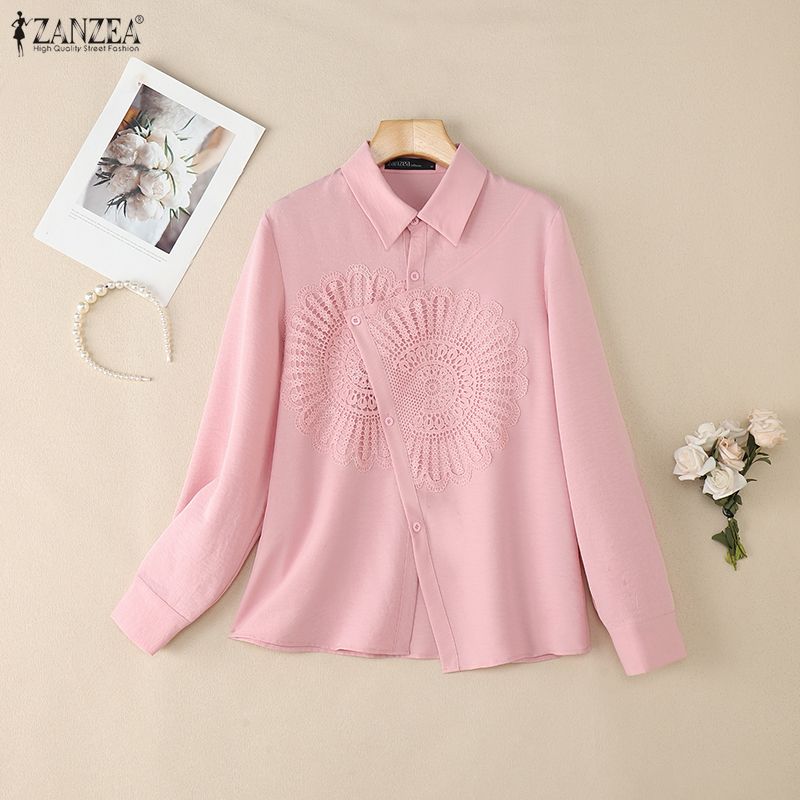 ZANZEA Women Casual Turn Down Collar Long Sleeve Lace Patchwork Blouse
