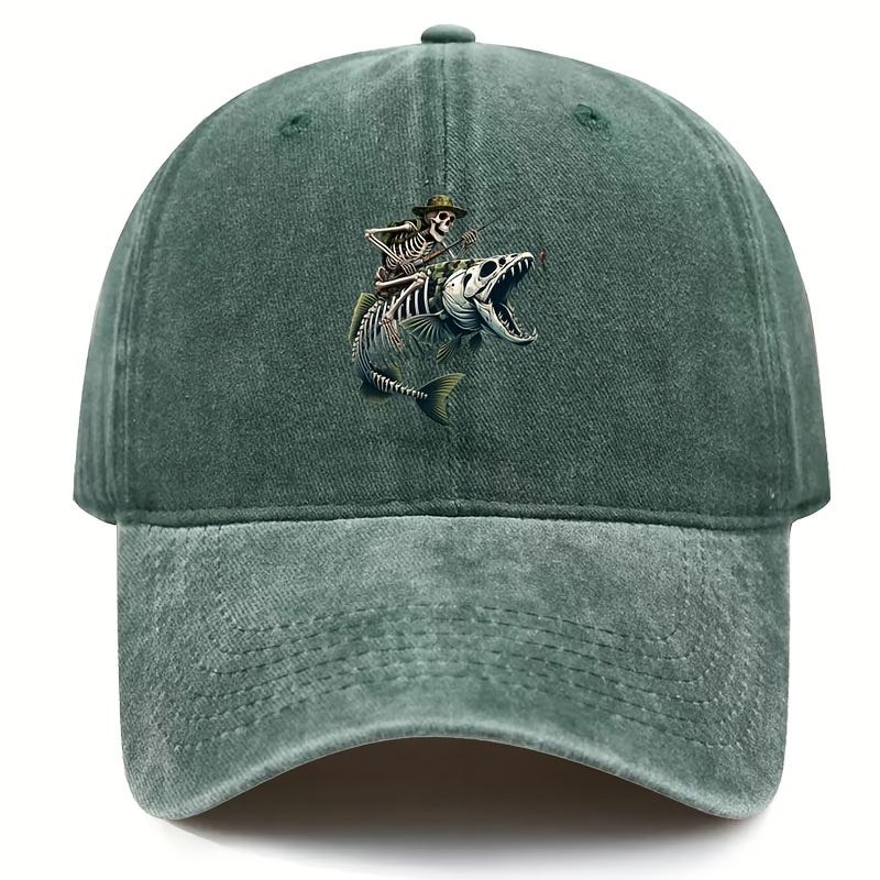 Retro SkullThemed Baseball Cap Featuring a Skeleton on a Bass Adjustable And Washable with a Worn Look Lightweight Trucker St