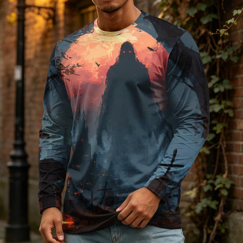 Men's Halloween Print Fashion Neck Long Sleeve T-Shirt