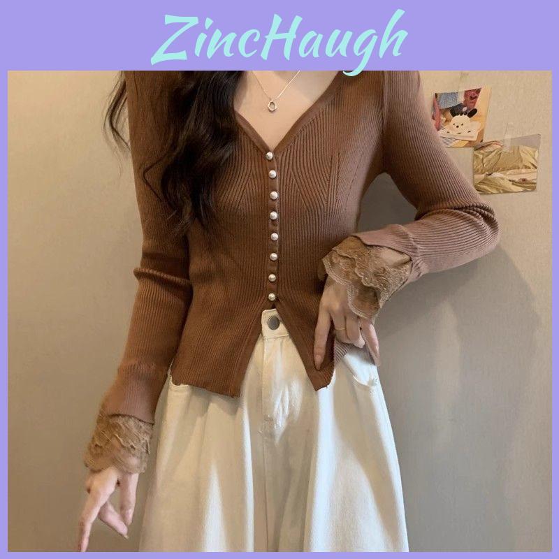 Private Lady Knit Cardigan With Lace Splicing And Princess Sleeves For Spring Wear