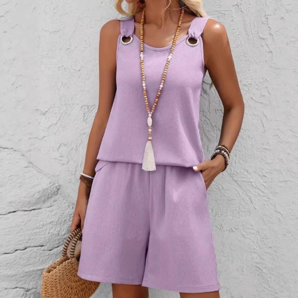 Nuovo Top Senza Maniche in Tessuto Artigianale Monocolore con Doppia Tasca e Pantaloncini, un Outfit Elegante e Casual per le Vacanze di Primavera ed Estate