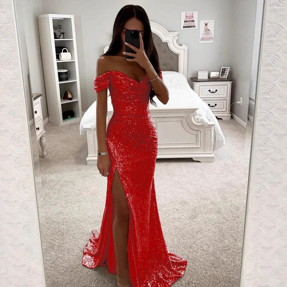Womens Dresses New Party Sequin One Line Neckline Slit Dress Casual Fashion Dress for Women