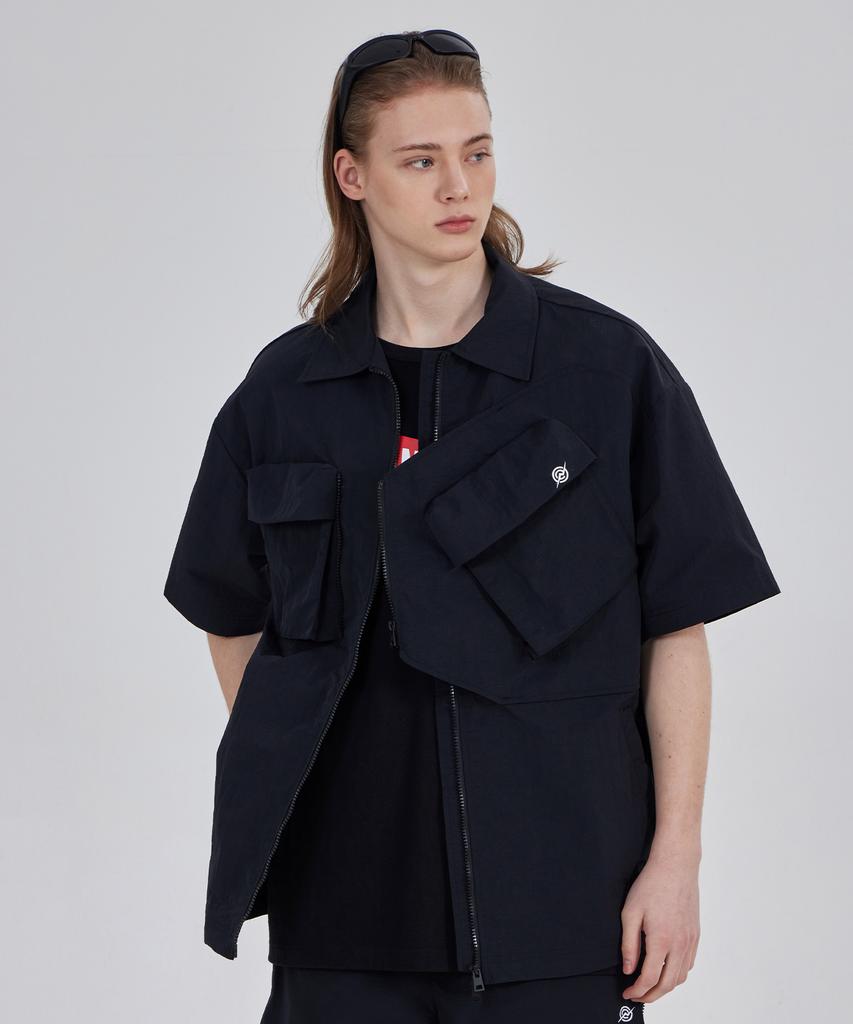 Kallapataleu Nylon Taslan Offset Zip Pocket Half Shirts - Black