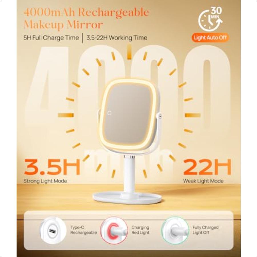 Lighted Makeup Mirror with Lights and Magnification 1X 10X Tray Base and Height Adjustable for Desk 4000mAh Rechargeable Batter