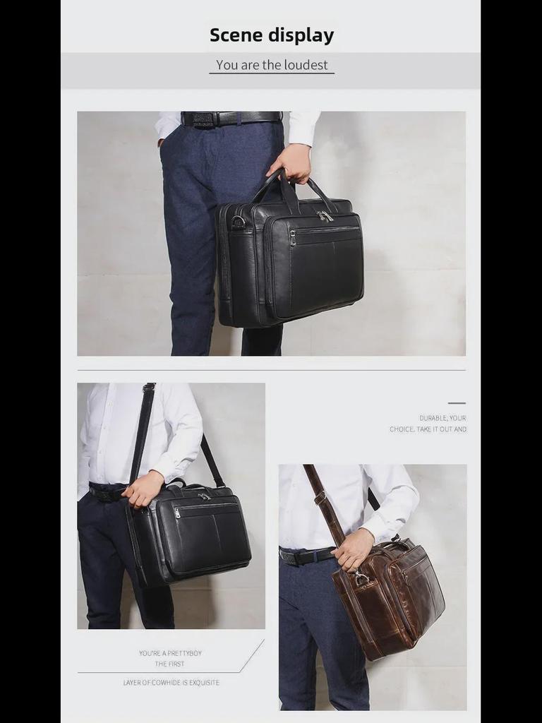 Men's High-End Genuine Leather Briefcase, 17-Inch Cowhide Business Bag