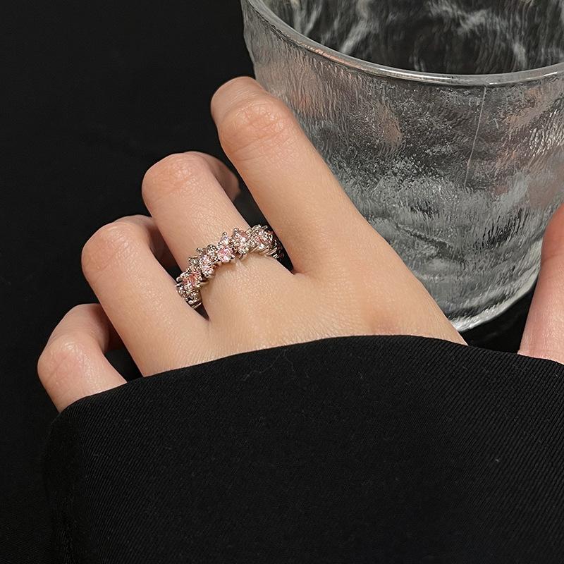 Heavy Industry Pink Diamond Ring Thick And Thin Stack Wearing Light Luxury Exquisite Rose Row Full Of Diamonds Zircon Sweet Fashion Open Ring