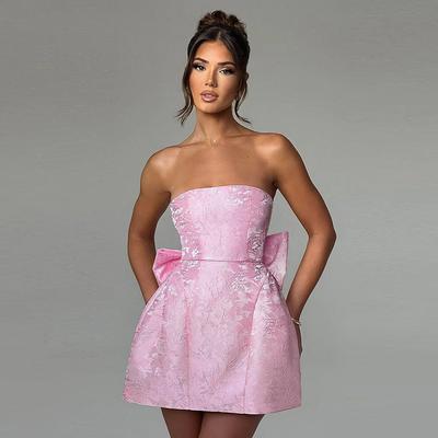 Summer Fashion Style Sexy Jacquard Strapless Bow Dress Woman