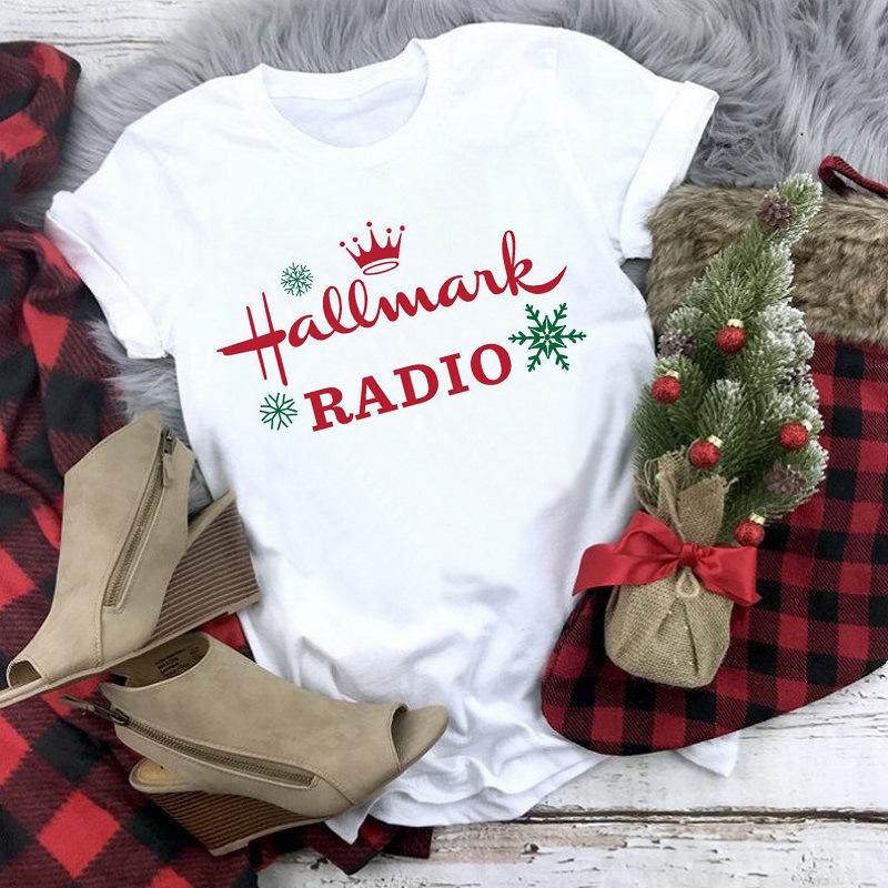 Fashionable Christmas Printed Casual Round Neck Summer Short Sleeved Holiday Tshirt for Womens Top Tshirt