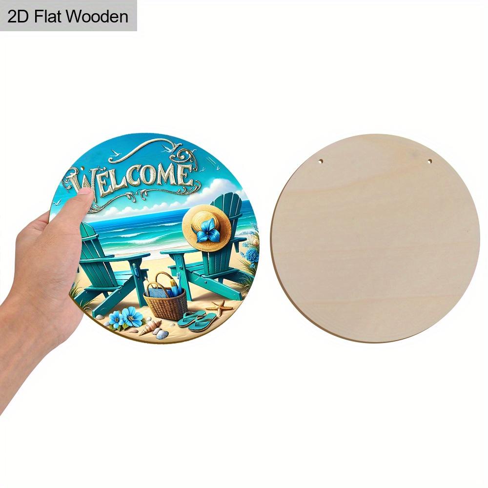 JIT [2D Flat] 1pc Delicate Beach-Themed Wooden Decorative Plaque & Statues, 7.87x7.87 Inch Round Hanging Art Decor with Blue Recliner and Sun Hat