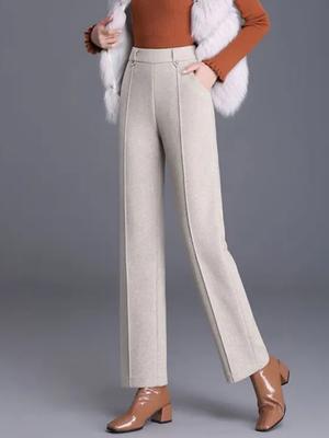 Winter Warme Wollhose mit weitem Bein Koreanische Mode Hohe Taille Dicker Wollmischung Gerade Pantalones Casual Klassische Feste Hose Neu