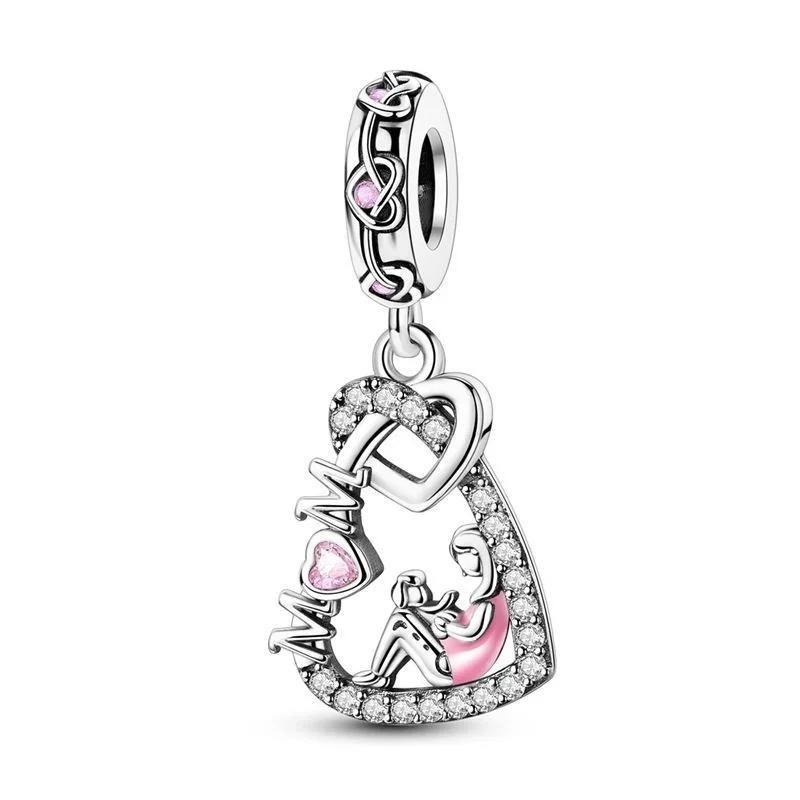 Sparkling Birthstone Charms Copper Heart Mom Key Pendant Bead Fit Original Necklace Bracelet Women Jewelry Diy Gift