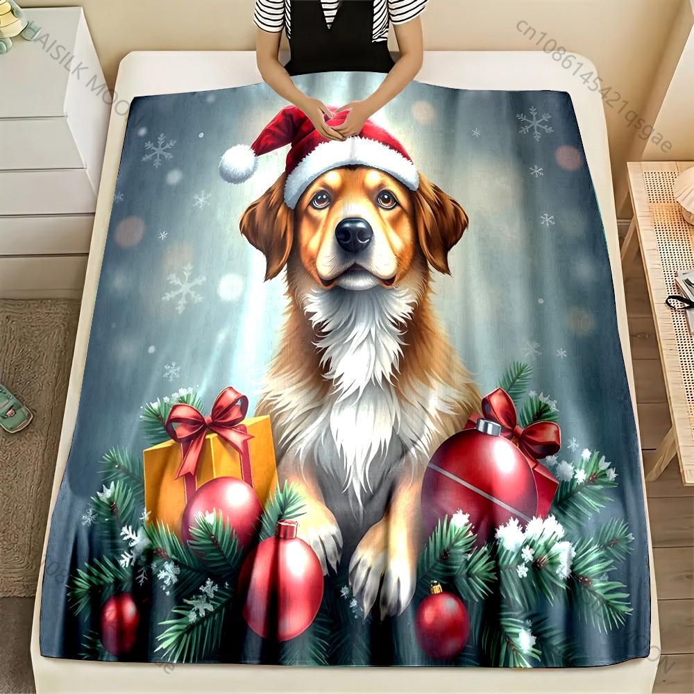 1PC Christmas Dog with Ornaments Pattern Blanket Flannel Material Soft Warm for All Seasons,For Home Outdoor Camping Picnics RV