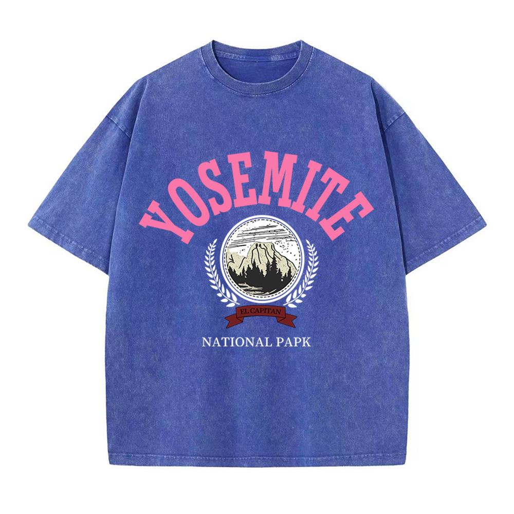 Women Cotton Washed T-Shirts Fashion Design Yosemite National Papk Printing Tops O-Neck Loose Distressed Casual Clothes