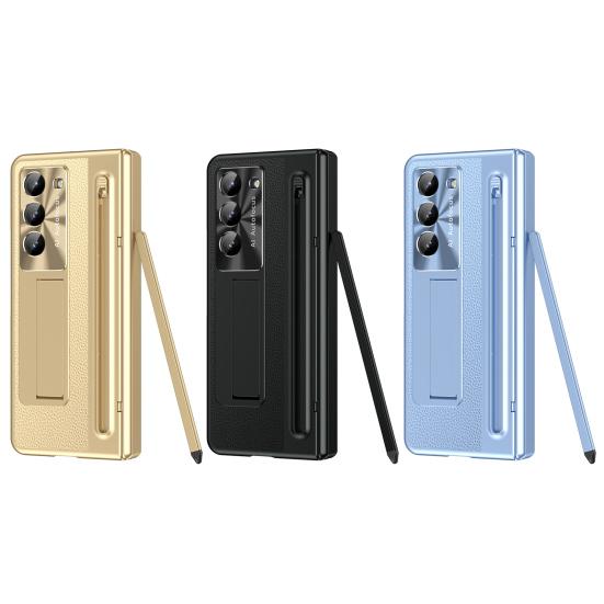 Phone Case for Samsung Z Fold 6 PC Shell with Pen Slot Spring Hinge Protection & Integrated Kickstand Full-Body Cover with Tempered Glass Screen Guard