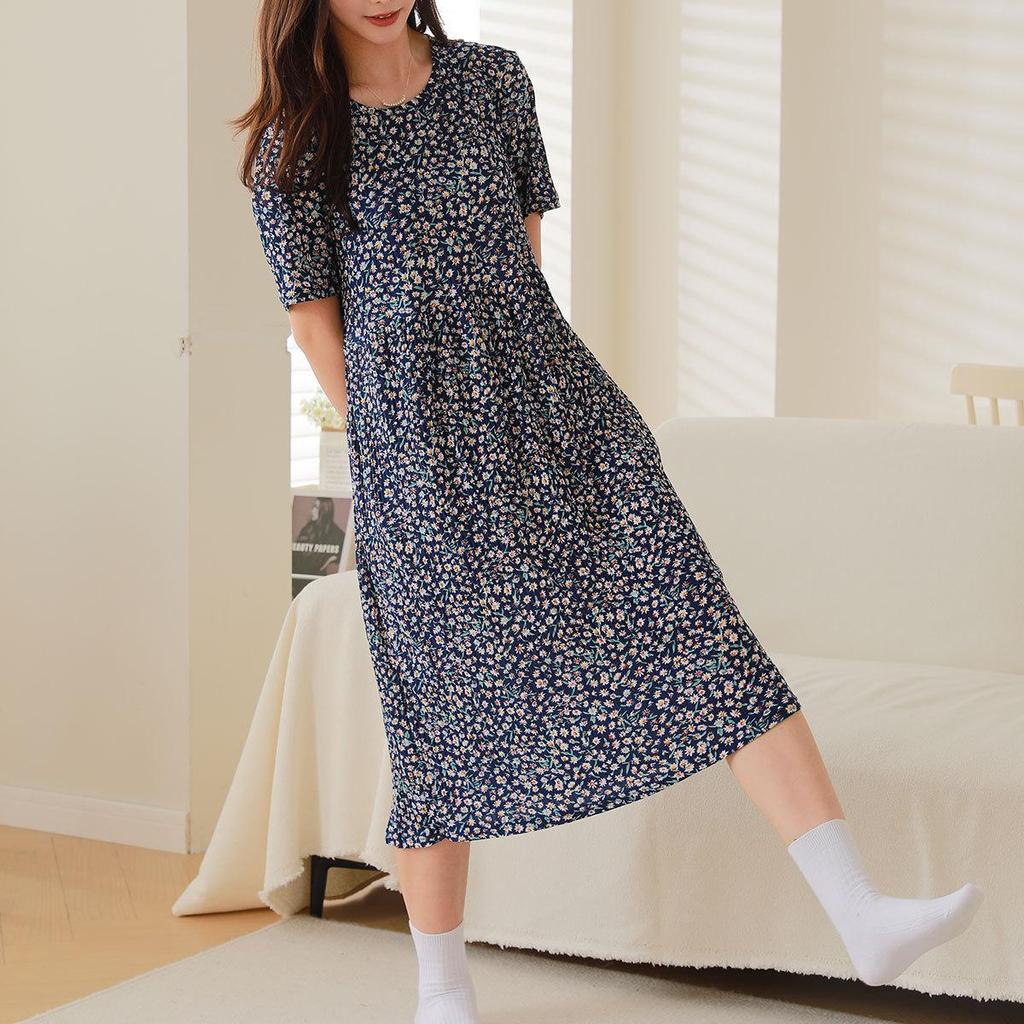 Summer Women Dress Small Flower Print Crew Neck Loose Short Sleeves Pleated Mid-calf Length Pullover Shopping Midi Dress