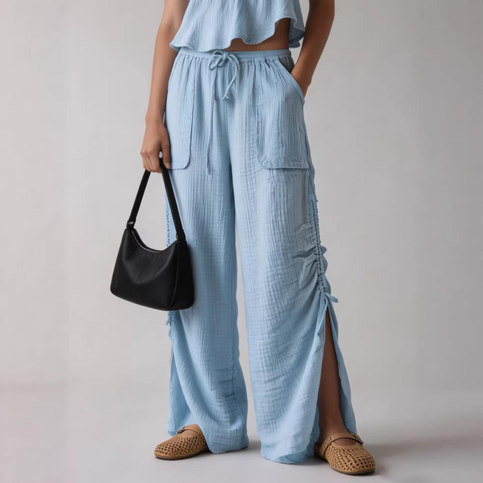 

Women s Casual Drawstring Linen Wide Leg Pants, Elastic Waist Ruched Side Split Palazzo Trousers With Pockets, Summer Loose Fit Pants L синий