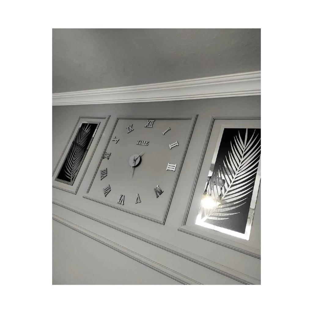 3 Piece Wall Clock Set, Acrylic Plexiglass Mirrored Palm Leaves And Roman R. Clock