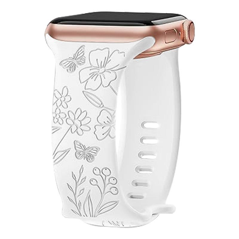 Floral Laser-Engraved Silicone iWatch Strap: Butterfly, Flower, and Grass Design 38/40/41/42mm