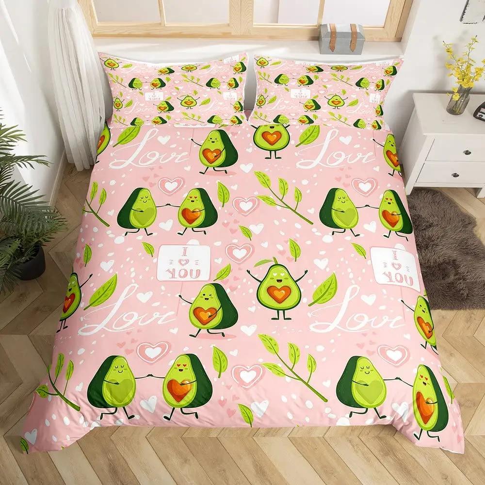 Avokado Dynetrekk sett for barn Kawaii Sengesett Cute Fruits Dynetrekk Twin Size Tropical Botanical Cartoon Quilt Cover