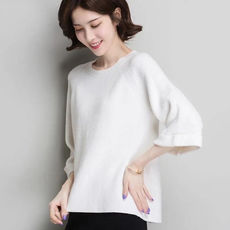 

Summer New Knitted Sweater Women s Fashion Korean Version Knitted Seven Quarter Sleeve Short Sweater Round Neck Top L