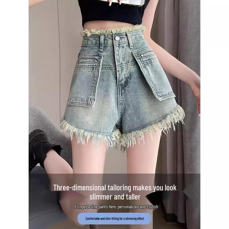 Women's High-Waisted Fringed Denim Shorts - Retro Loose Fit, Wide Leg, Summer Style