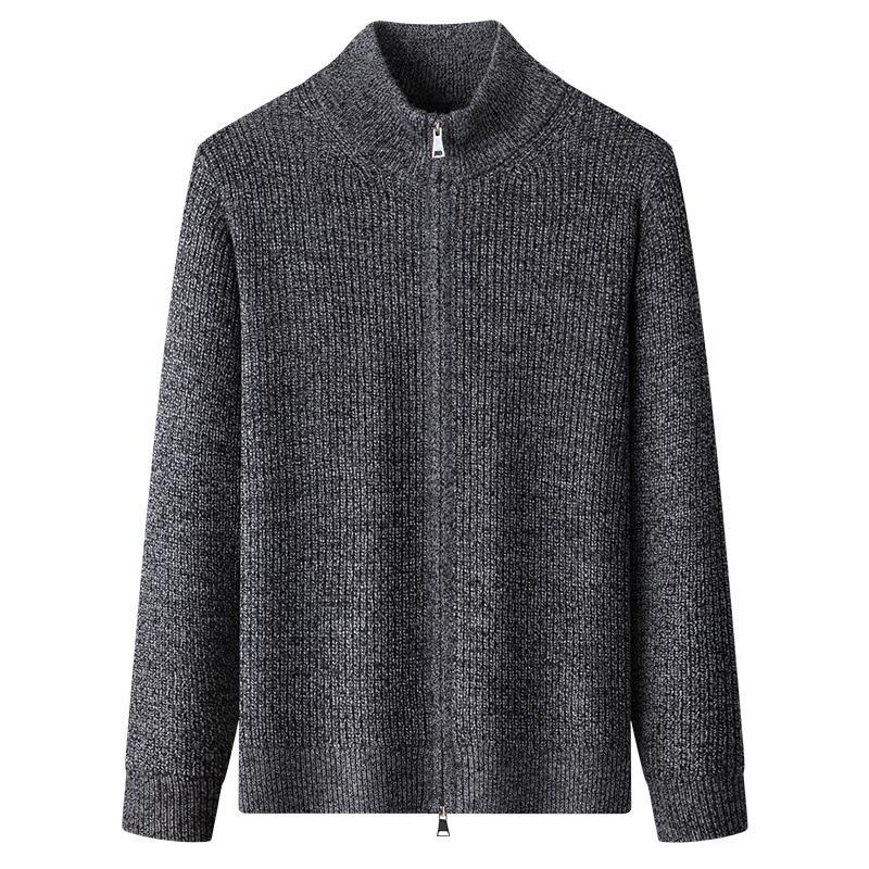 Men's Thick Rice Stitch Wool Cardigan, Zipper Stand Collar, Warm Autumn/Winter Sweater