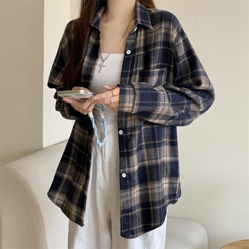 1116 New Spring and Autumn Design Plaid Shirt Jacket Women's New Loose Casual Meat Cover Medium and Long Shirt